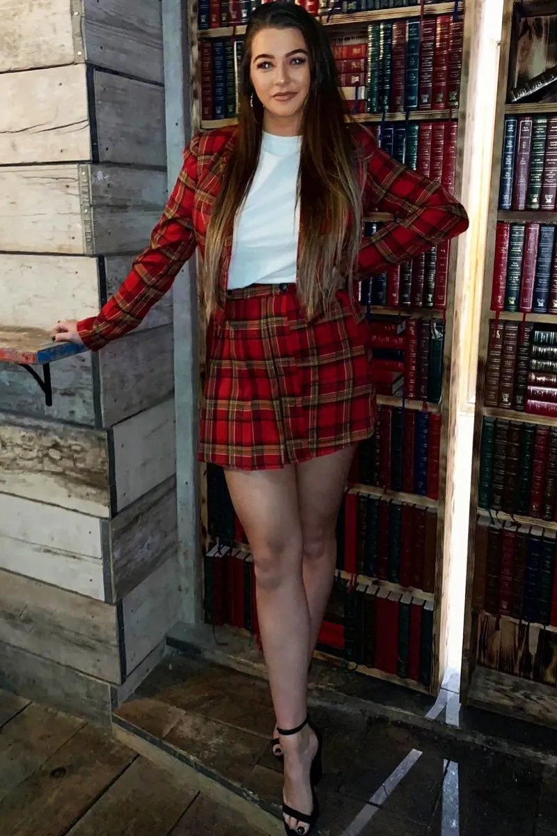Red Tartan Crop Blazer Pleated Skirt Co-Ord - Holly