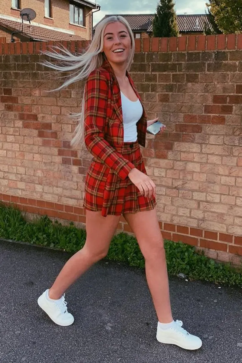 Red Tartan Crop Blazer Pleated Skirt Co-Ord - Holly