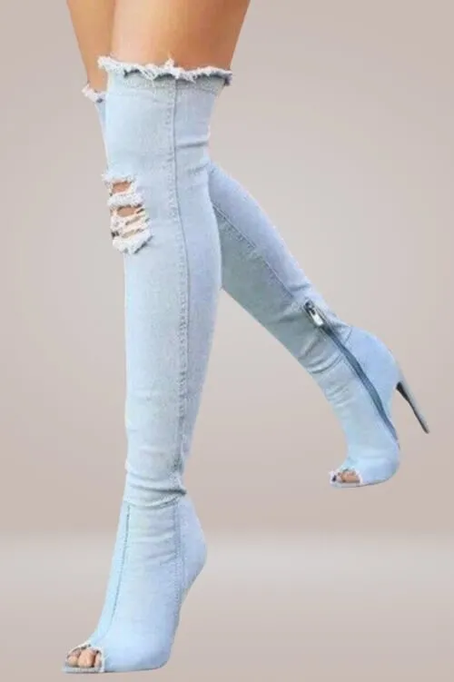 Ripped Denim Thigh High Boots