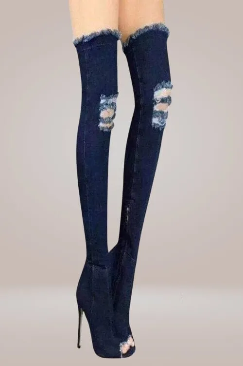 Ripped Denim Thigh High Boots