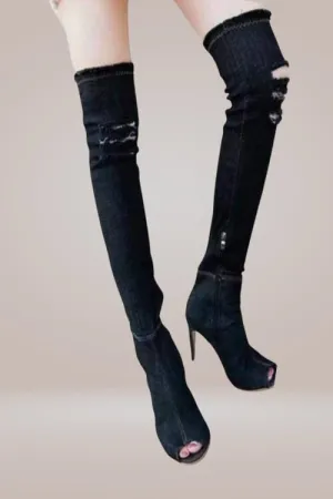 Ripped Denim Thigh High Boots
