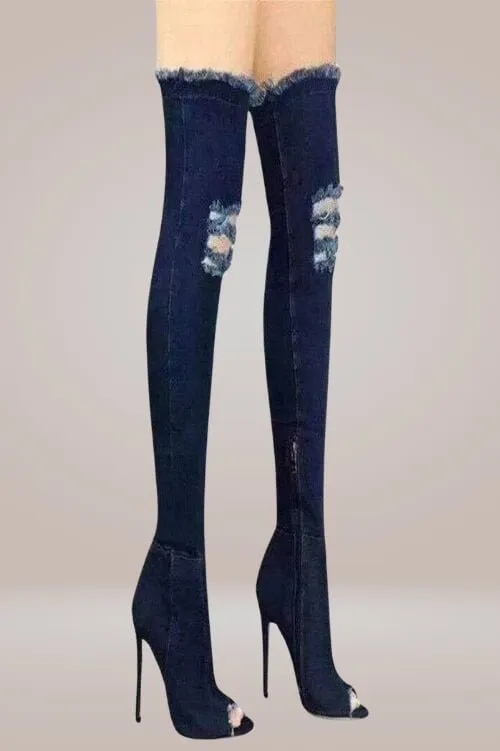 Ripped Denim Thigh High Boots