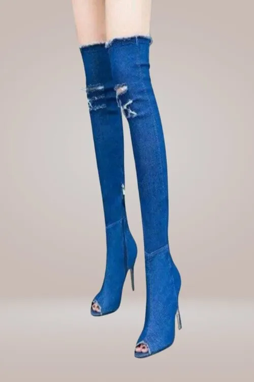 Ripped Denim Thigh High Boots