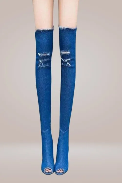 Ripped Denim Thigh High Boots