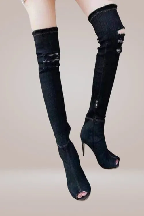 Ripped Denim Thigh High Boots