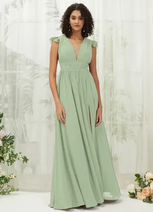 Sage Green Cap Sleeves Pleated V-Neck Chiffon Maxi Bridesmaid Dress