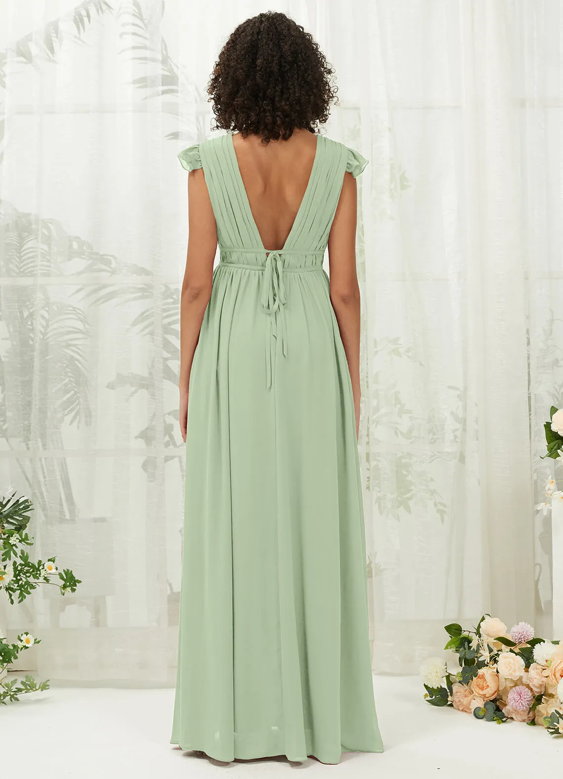 Sage Green Cap Sleeves Pleated V-Neck Chiffon Maxi Bridesmaid Dress