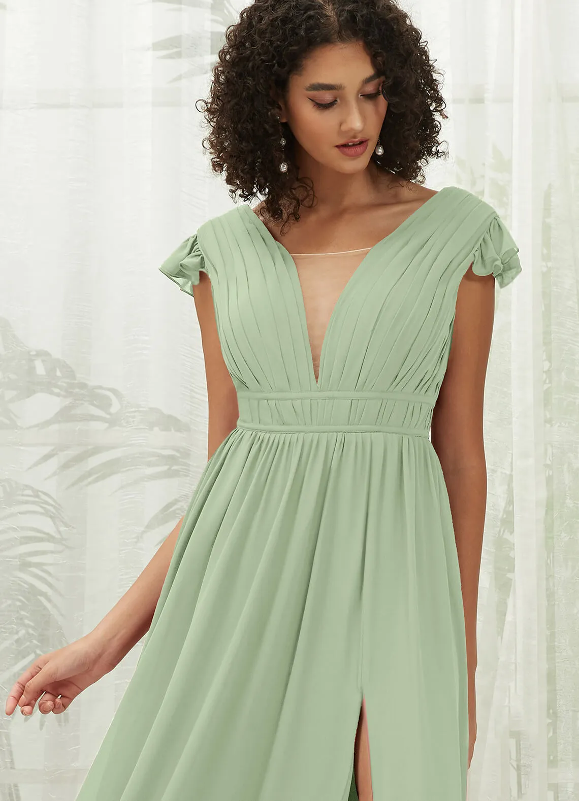 Sage Green Cap Sleeves Pleated V-Neck Chiffon Maxi Bridesmaid Dress