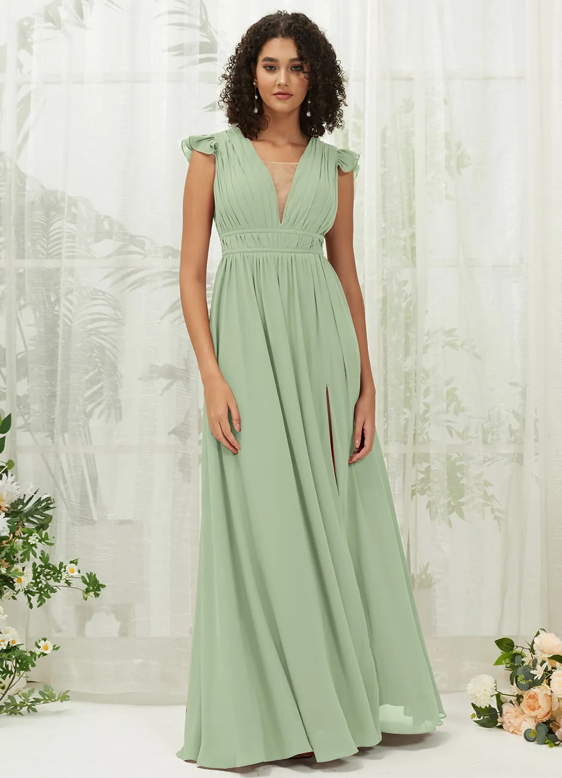 Sage Green Cap Sleeves Pleated V-Neck Chiffon Maxi Bridesmaid Dress
