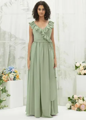 Sage Green Chiffon Ruffle Cross Straps V-Neck Wrap Bridesmaid Dress