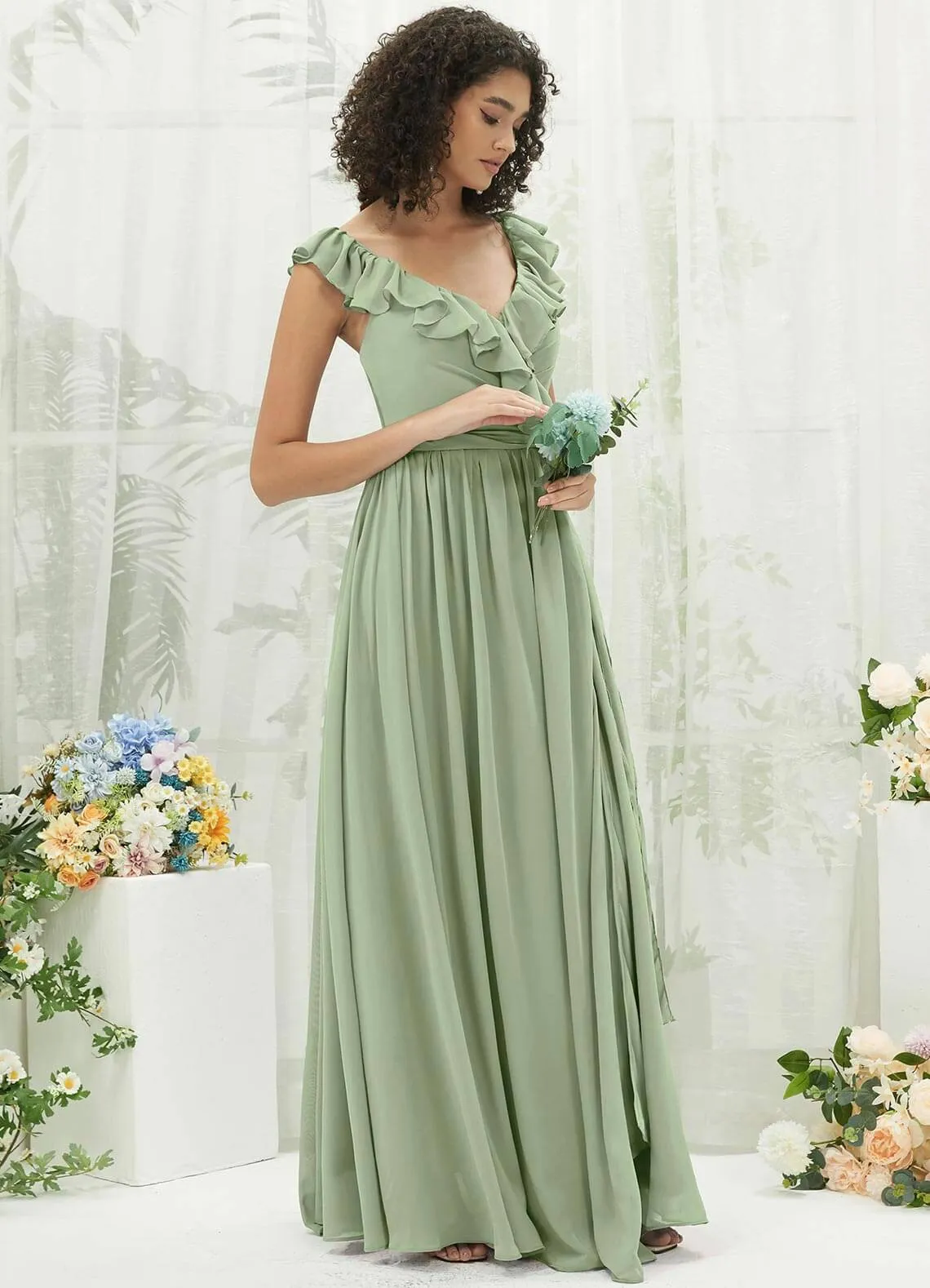 Sage Green Chiffon Ruffle Cross Straps V-Neck Wrap Bridesmaid Dress