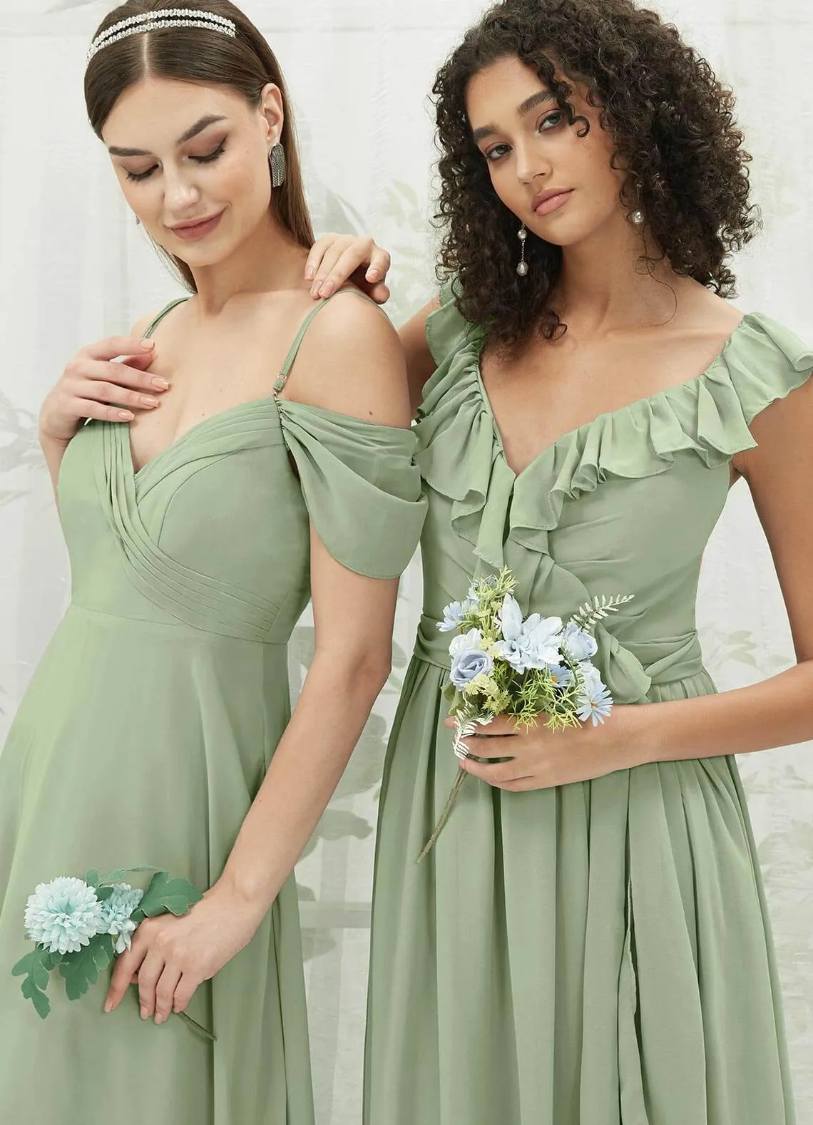 Sage Green Chiffon Ruffle Cross Straps V-Neck Wrap Bridesmaid Dress