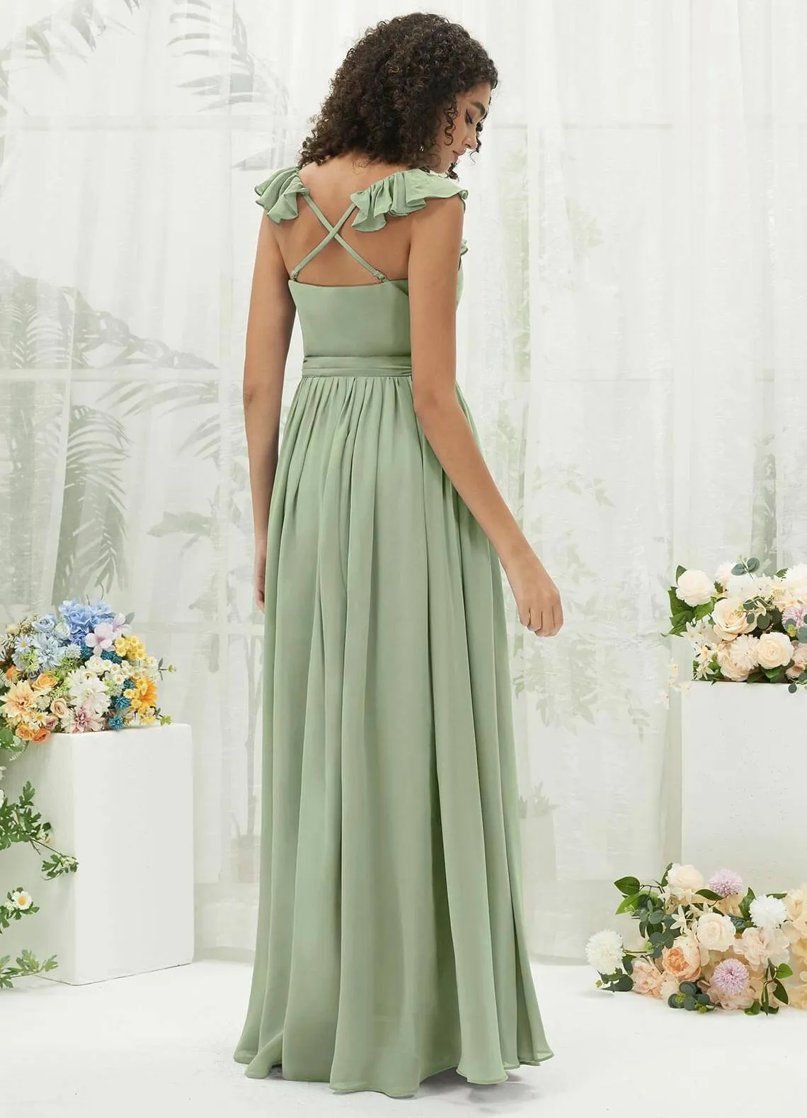 Sage Green Chiffon Ruffle Cross Straps V-Neck Wrap Bridesmaid Dress