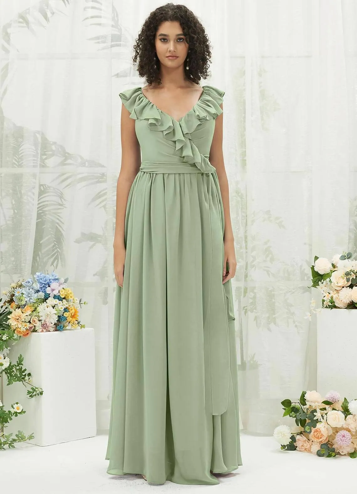 Sage Green Chiffon Ruffle Cross Straps V-Neck Wrap Bridesmaid Dress