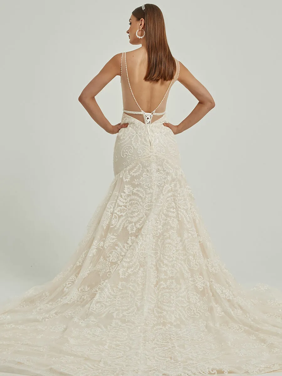 Sheer V Neck Sleeveless Tulle Lace Open Back Wedding Gown With Train