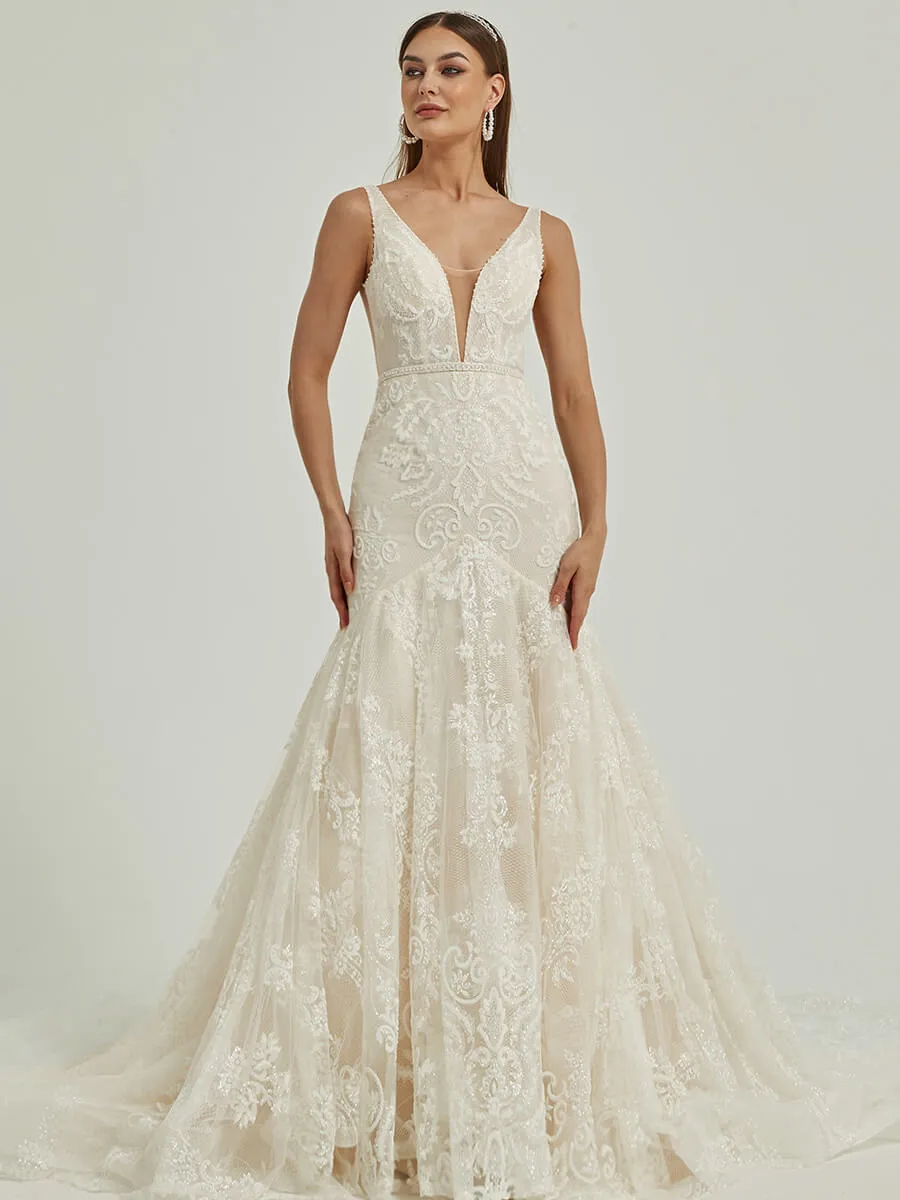Sheer V Neck Sleeveless Tulle Lace Open Back Wedding Gown With Train