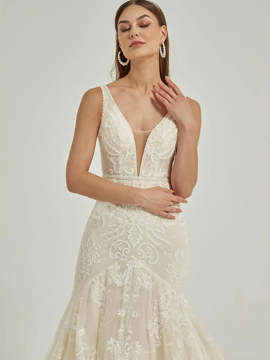 Sheer V Neck Sleeveless Tulle Lace Open Back Wedding Gown With Train