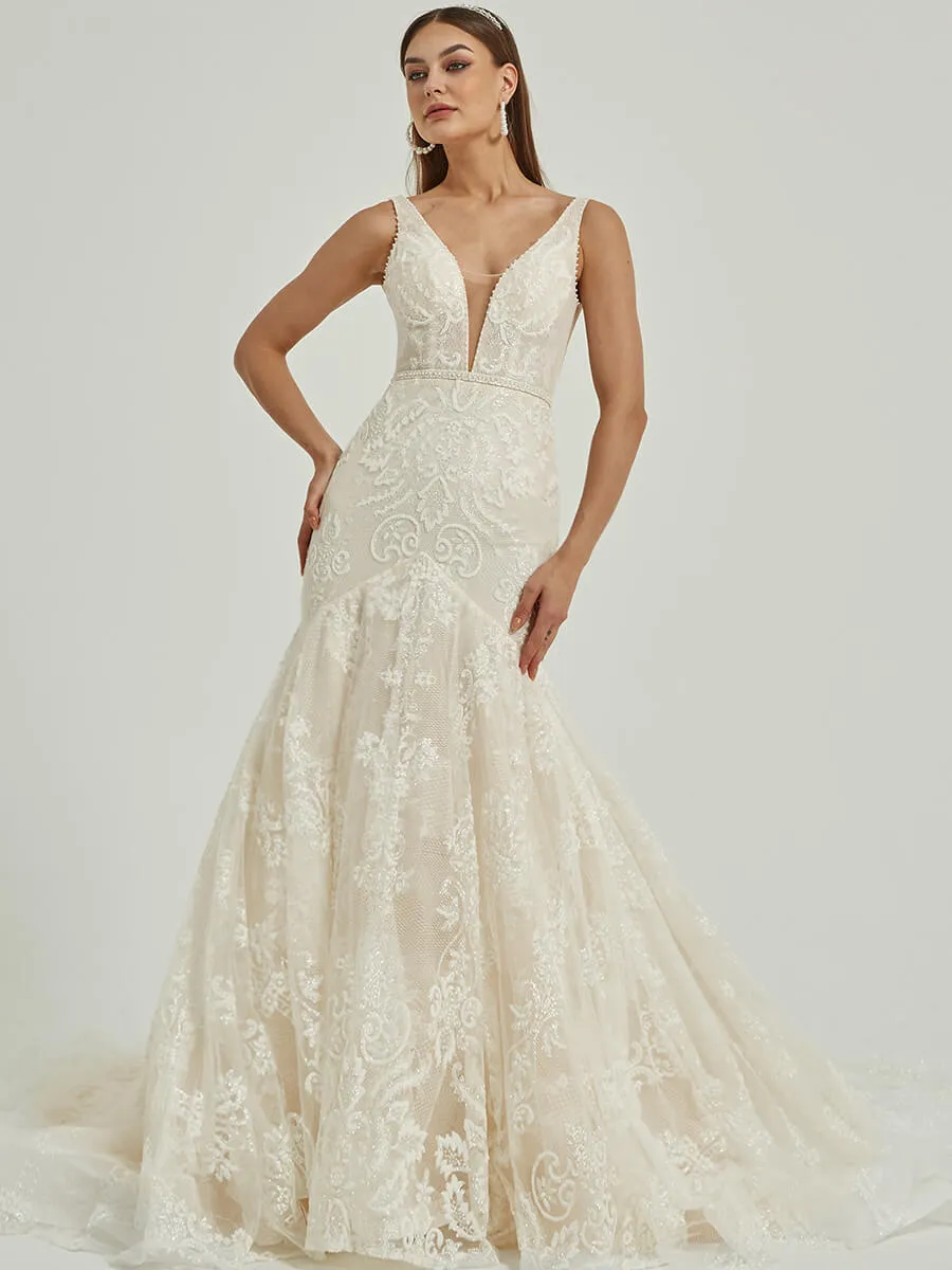 Sheer V Neck Sleeveless Tulle Lace Open Back Wedding Gown With Train