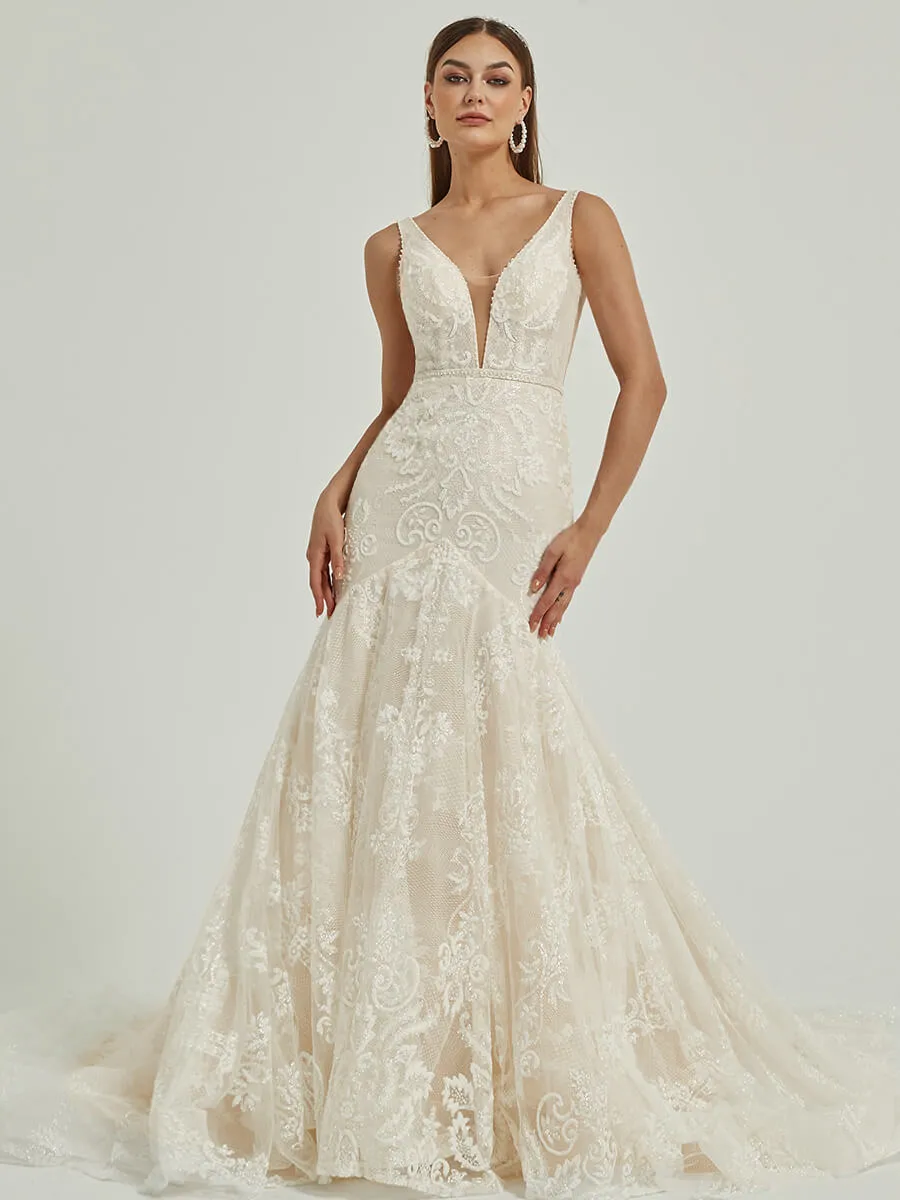 Sheer V Neck Sleeveless Tulle Lace Open Back Wedding Gown With Train