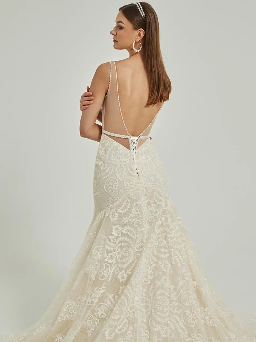 Sheer V Neck Sleeveless Tulle Lace Open Back Wedding Gown With Train
