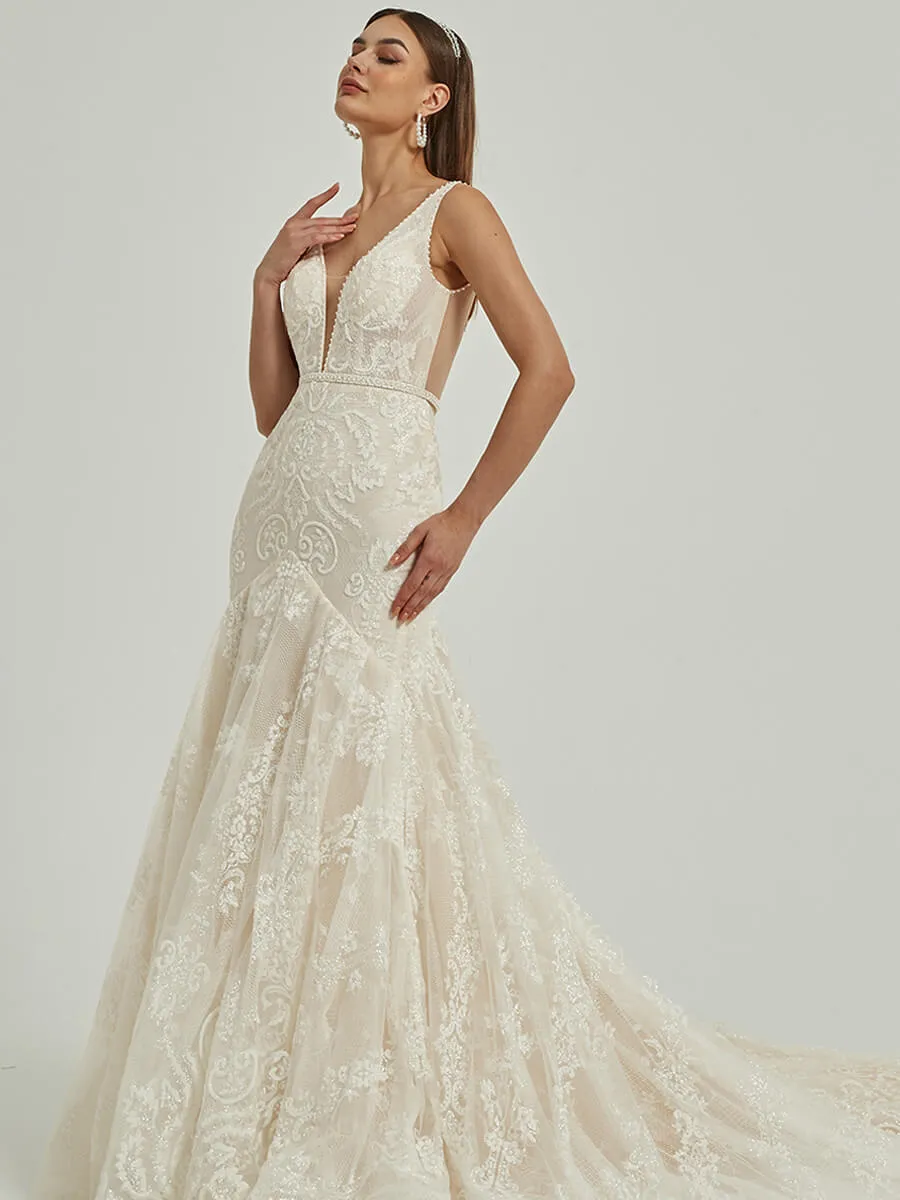 Sheer V Neck Sleeveless Tulle Lace Open Back Wedding Gown With Train