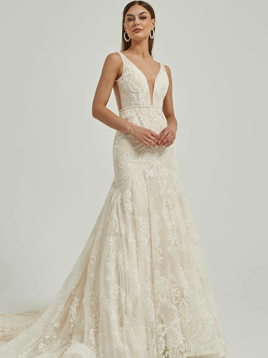 Sheer V Neck Sleeveless Tulle Lace Open Back Wedding Gown With Train