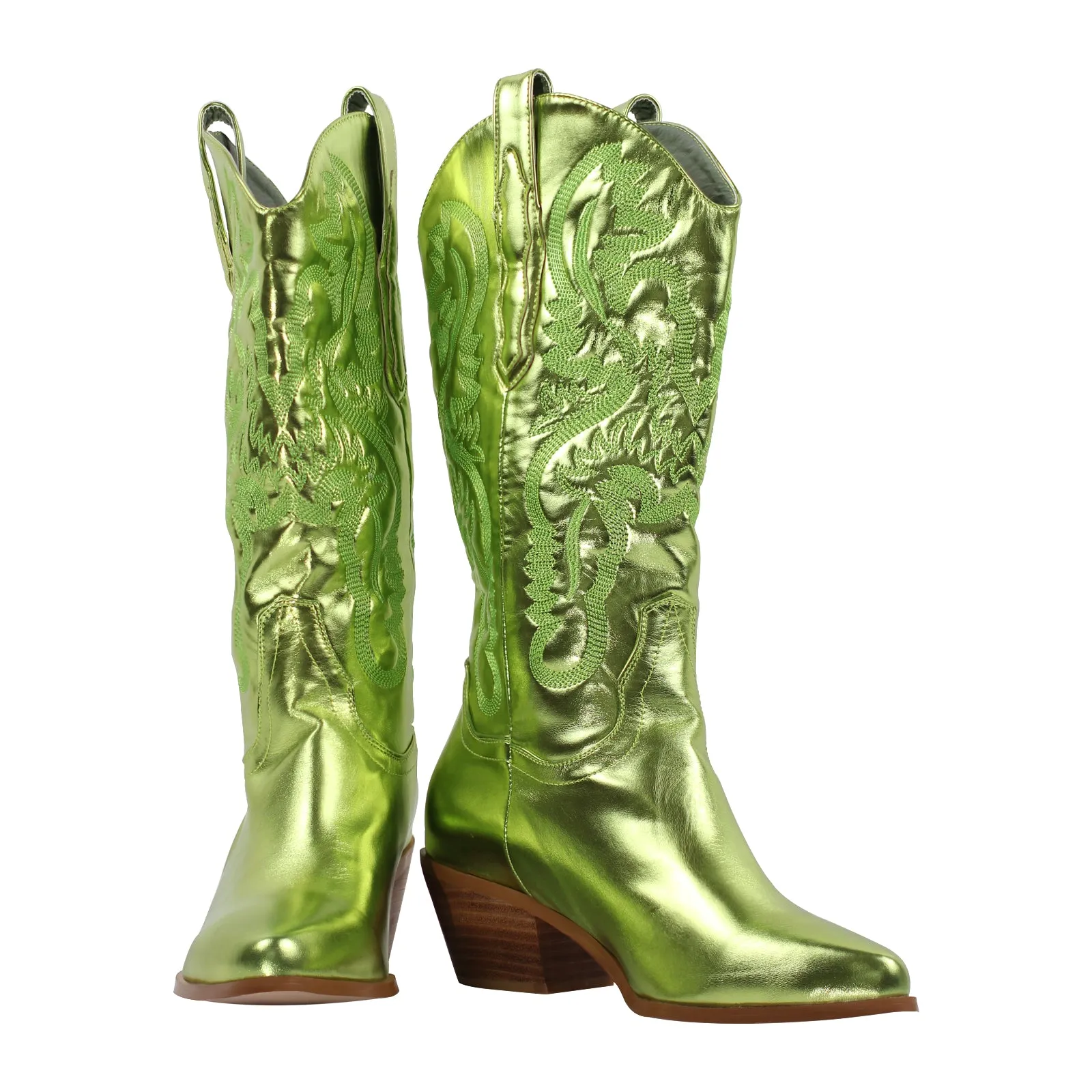 Silver Pink Embroidered Mid-Calf Western Boots