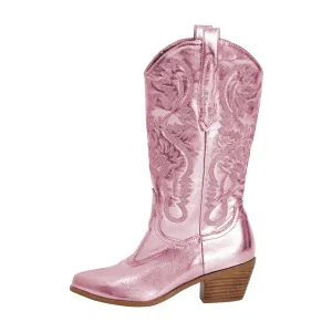 Silver Pink Embroidered Mid-Calf Western Boots