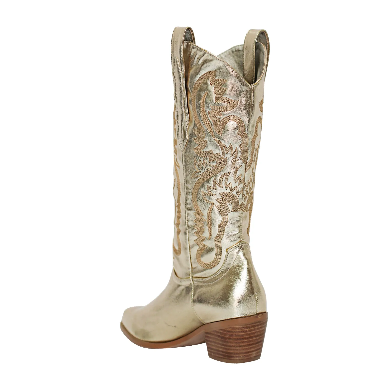 Silver Pink Embroidered Mid-Calf Western Boots