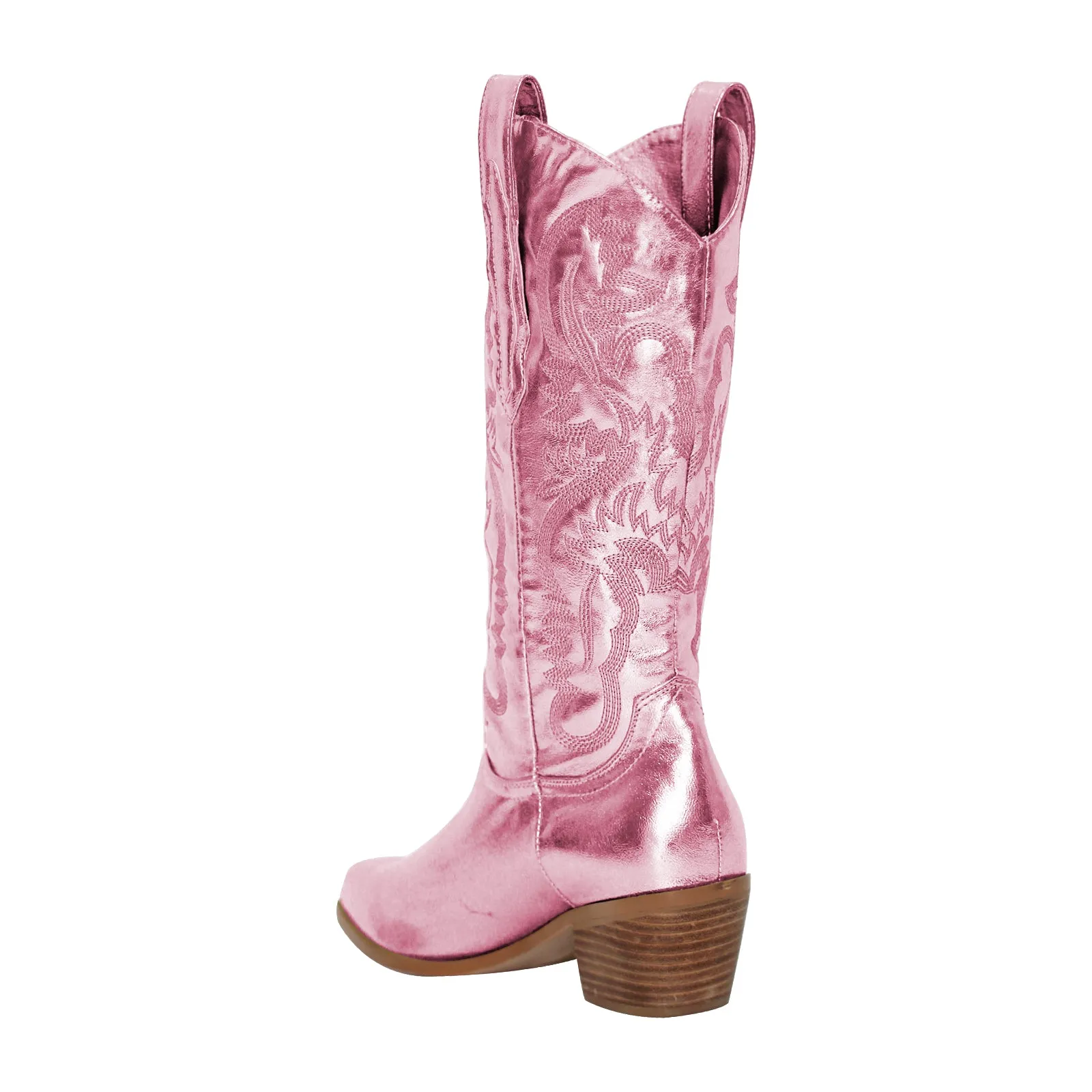 Silver Pink Embroidered Mid-Calf Western Boots