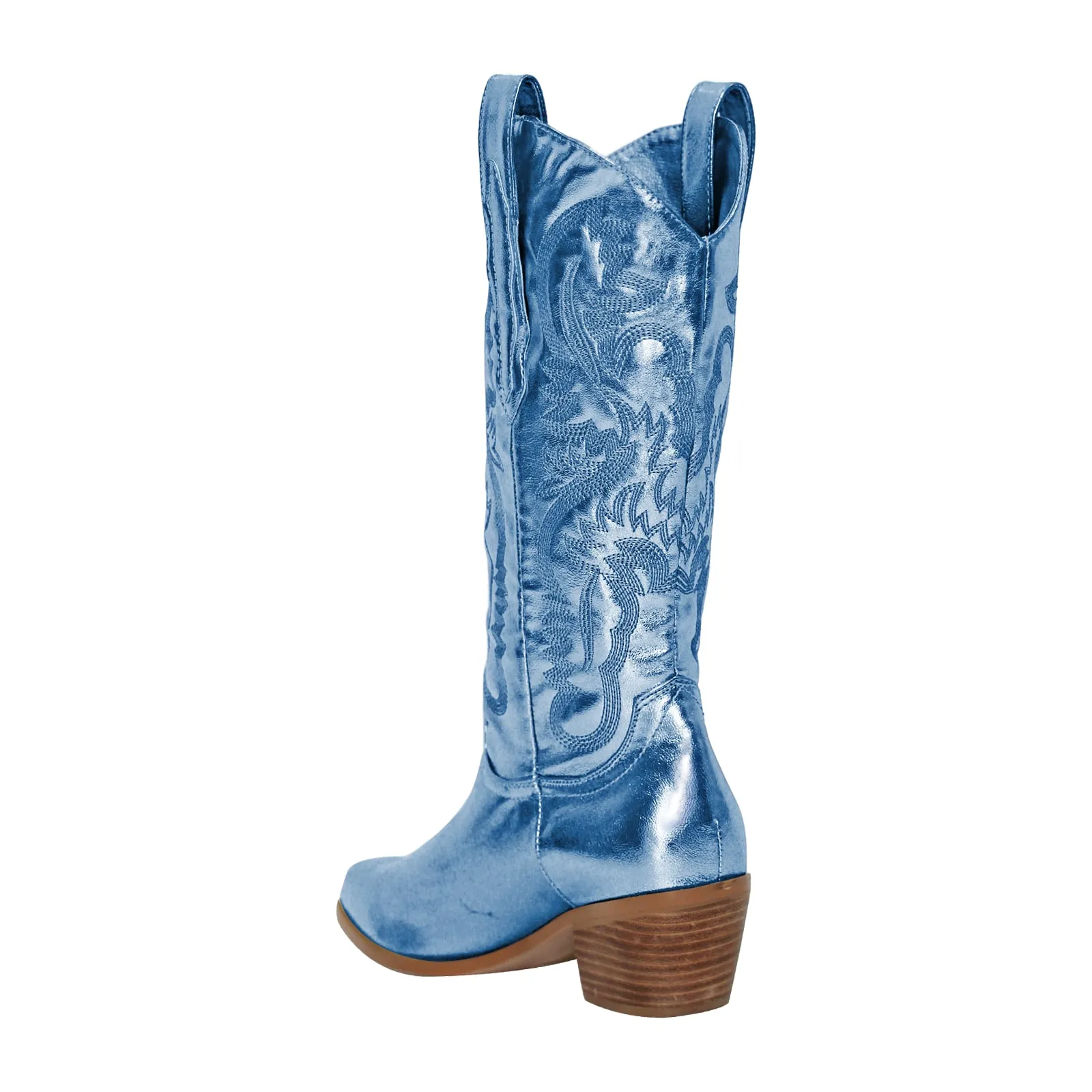 Silver Pink Embroidered Mid-Calf Western Boots
