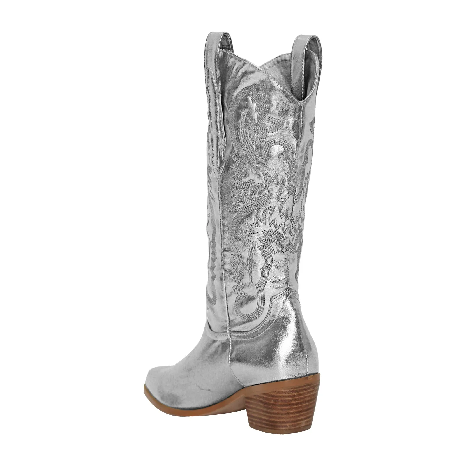 Silver Pink Embroidered Mid-Calf Western Boots