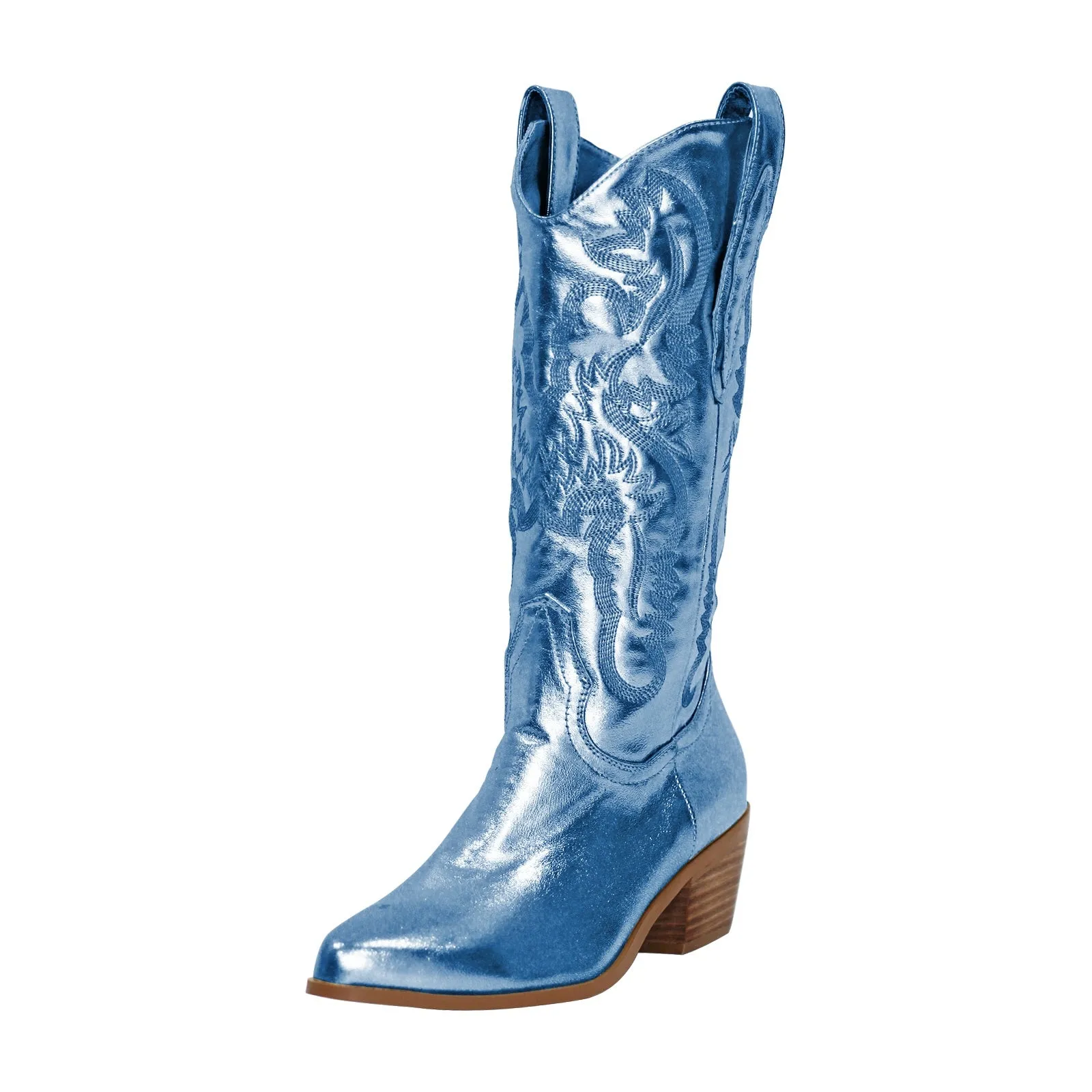 Silver Pink Embroidered Mid-Calf Western Boots