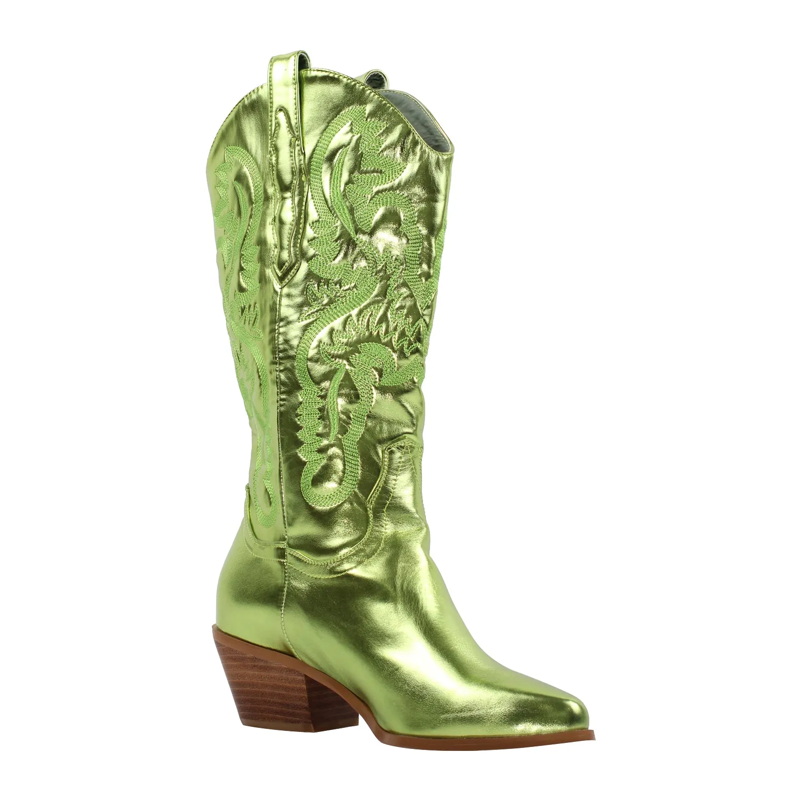 Silver Pink Embroidered Mid-Calf Western Boots