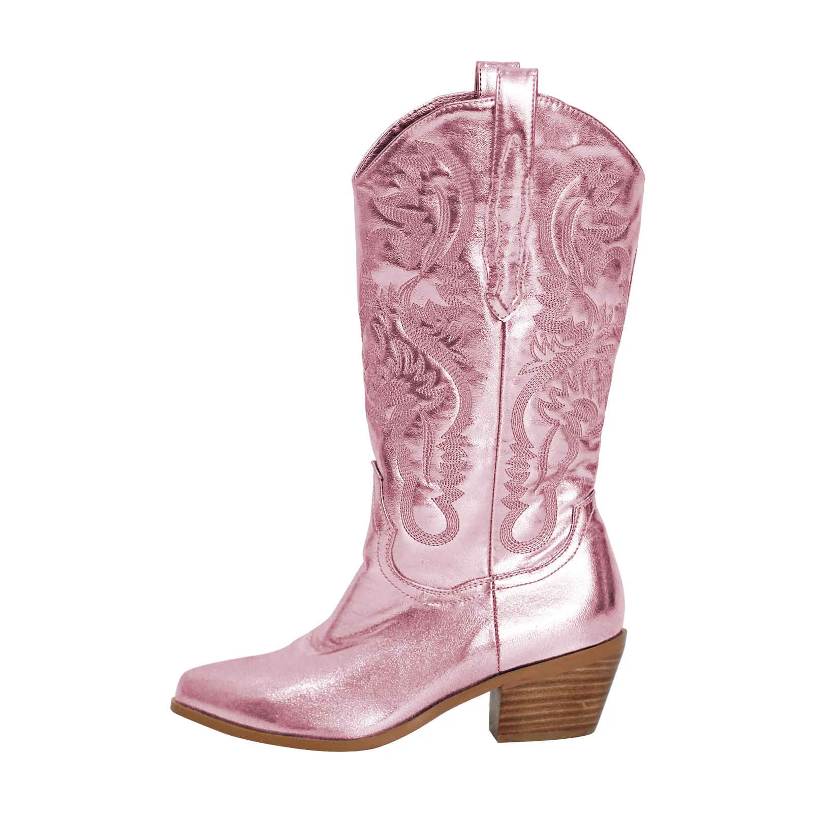 Silver Pink Embroidered Mid-Calf Western Boots