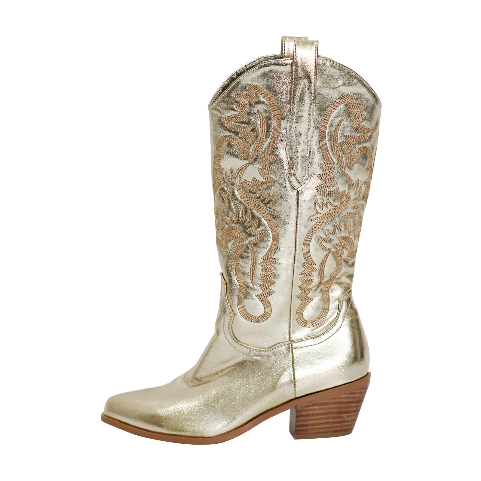 Silver Pink Embroidered Mid-Calf Western Boots