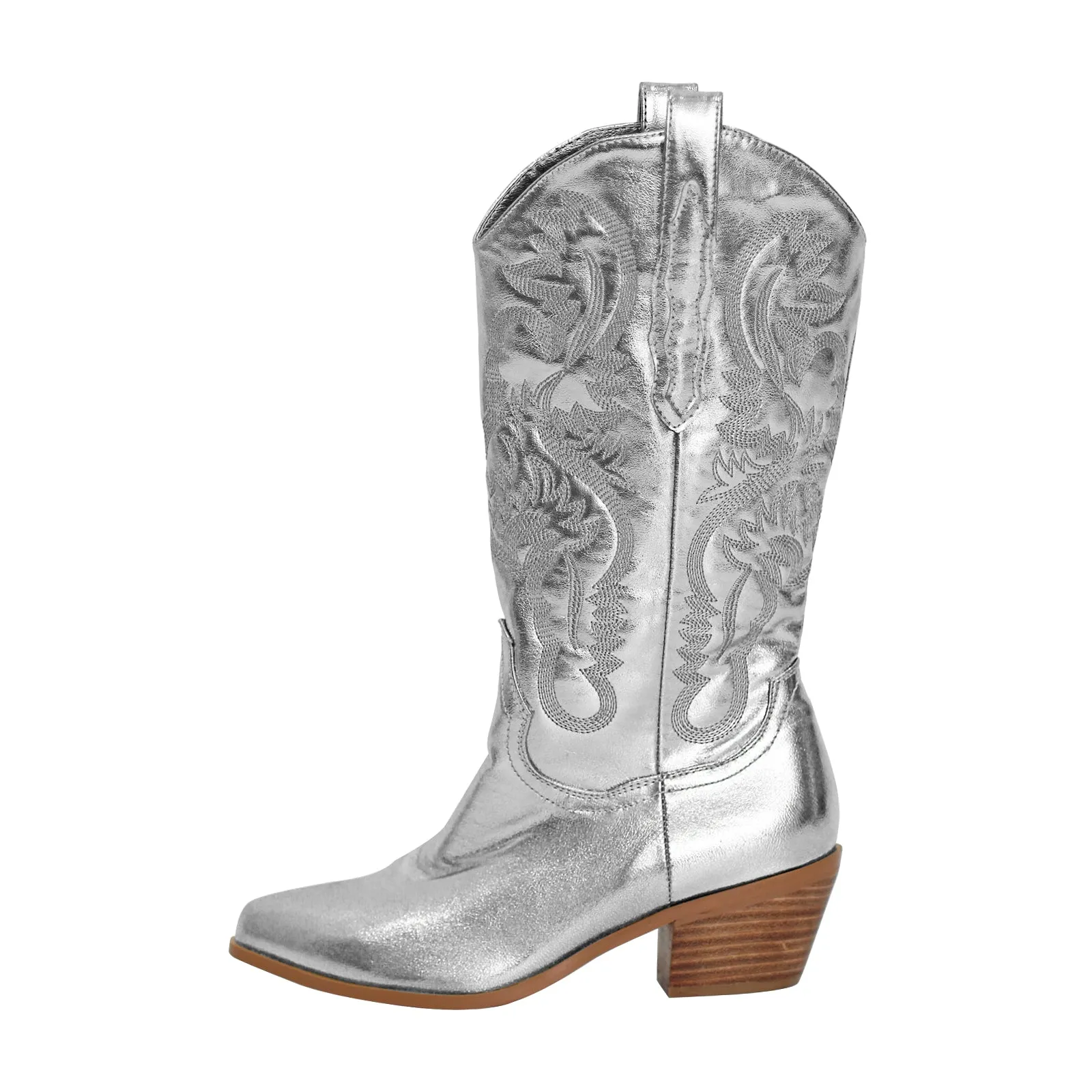 Silver Pink Embroidered Mid-Calf Western Boots