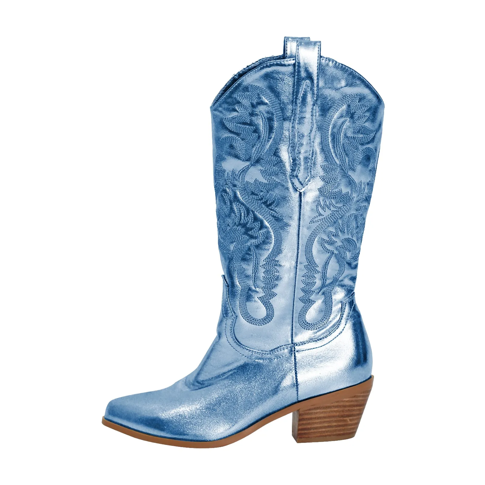 Silver Pink Embroidered Mid-Calf Western Boots