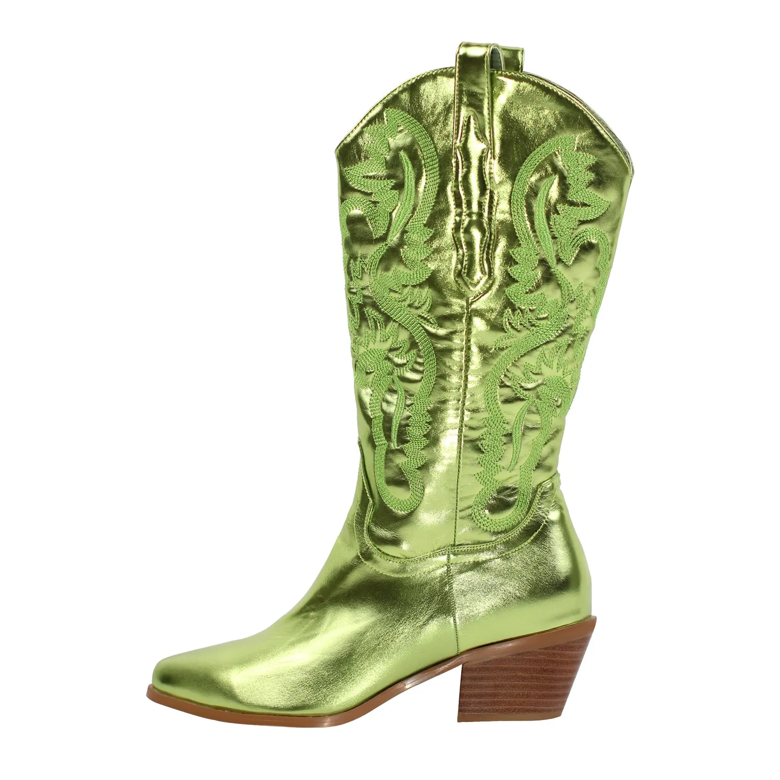 Silver Pink Embroidered Mid-Calf Western Boots