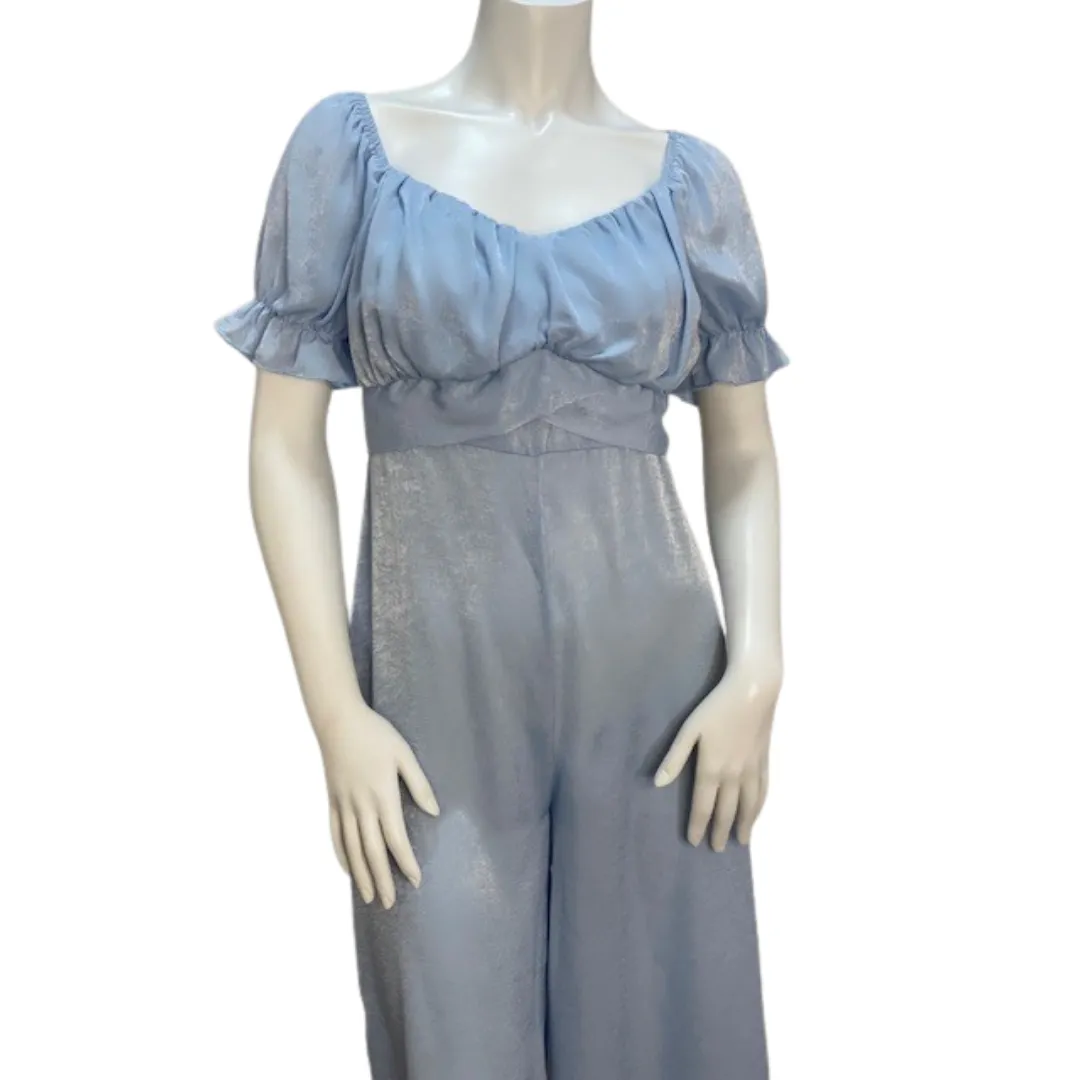 Sky blue puff sleeve cropped jumpsuit