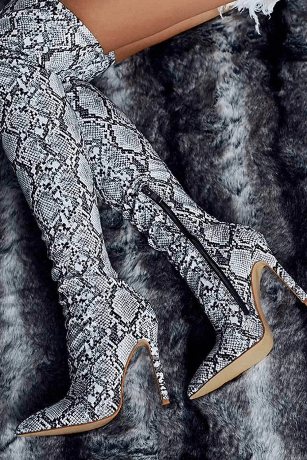 Snake Pattern Over The Knee High Heel Boot