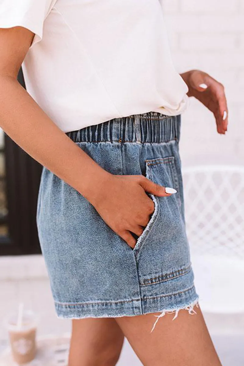 Street Solid Pocket High Waist Denim Shorts