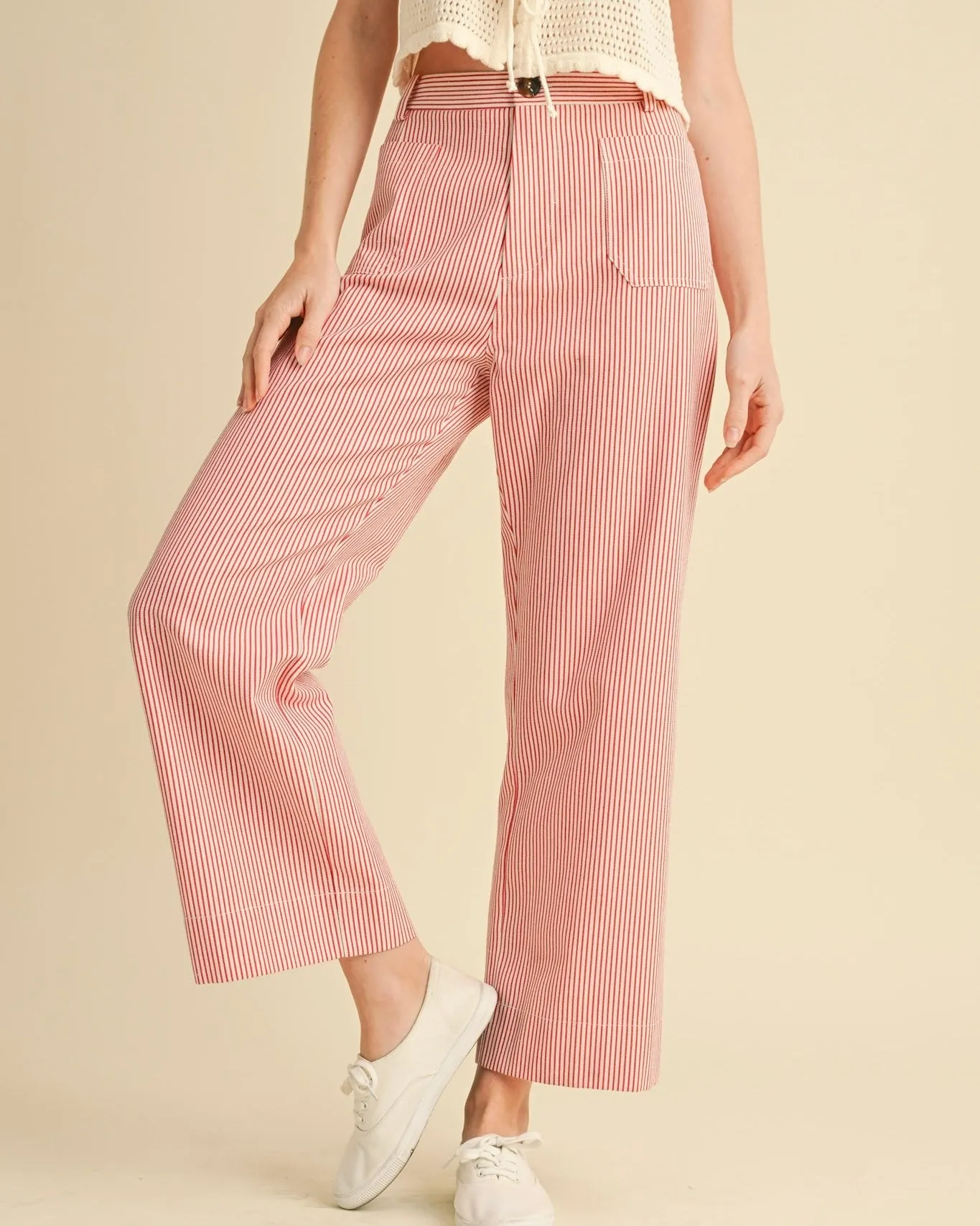 Striped High Waist Cropped Pant in Red Stripe