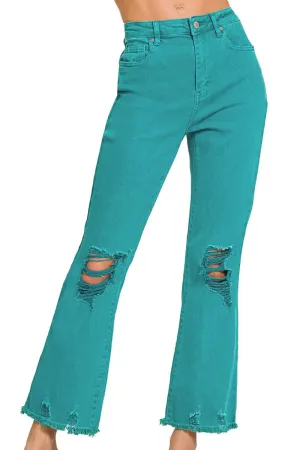 The Macie Light Teal High Waist Distressed Straight Pants