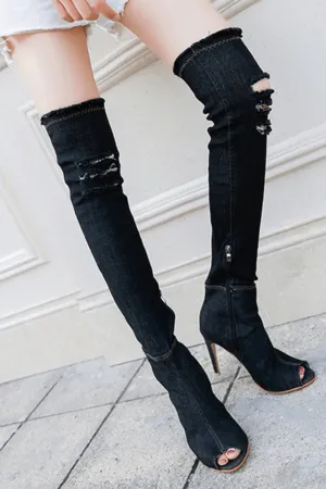 Thigh High Black Denim Boots