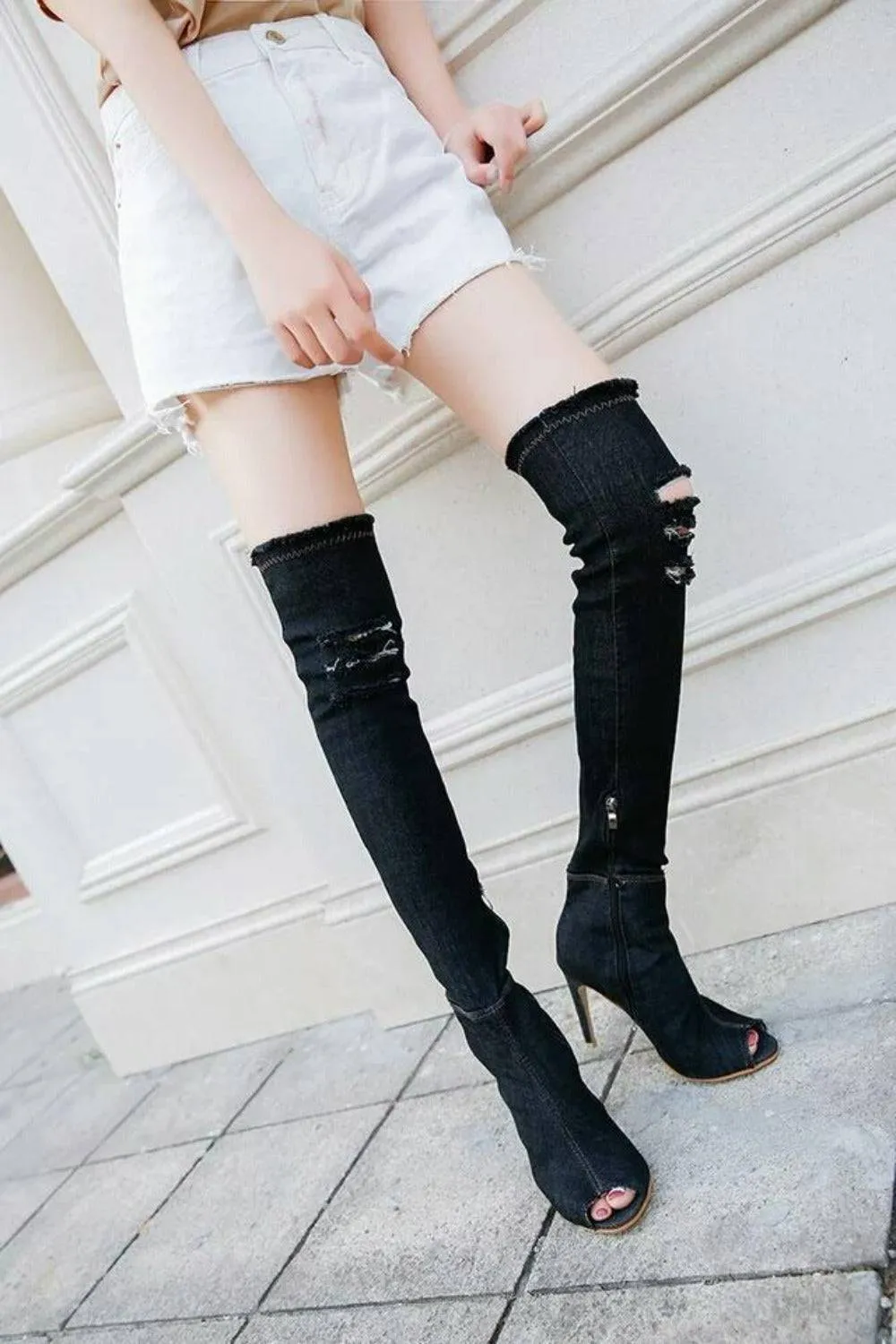 Thigh High Black Denim Boots