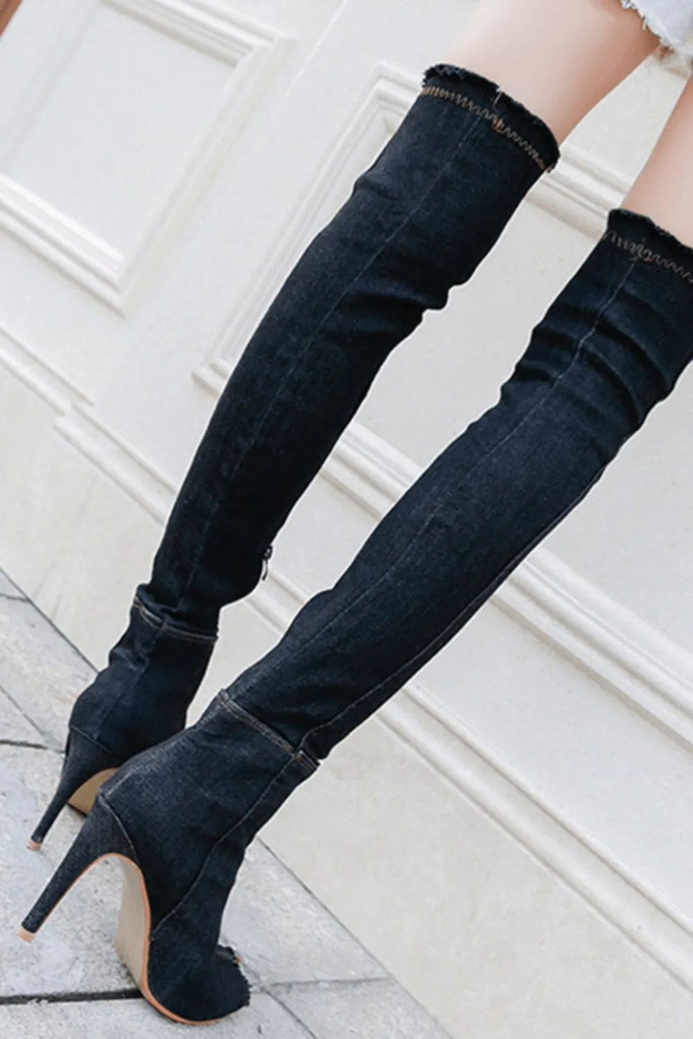 Thigh High Black Denim Boots