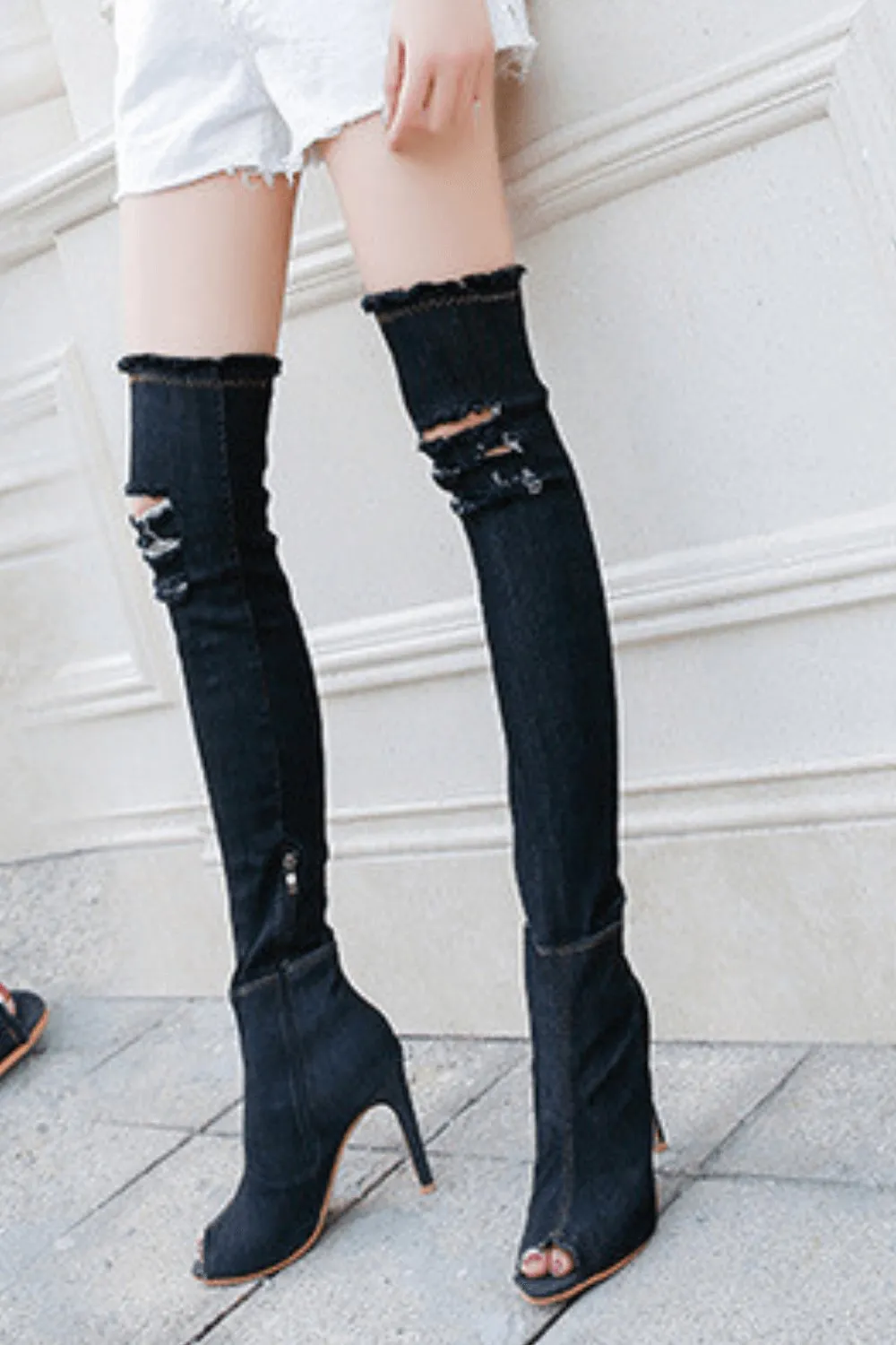 Thigh High Black Denim Boots