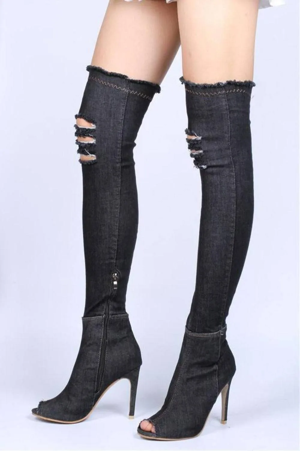 Thigh High Black Denim Boots