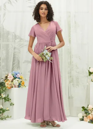 Vintage Mauve Chiffon Short Sleeve V-Neck Wrap Pleated  Bridesmaid Dress